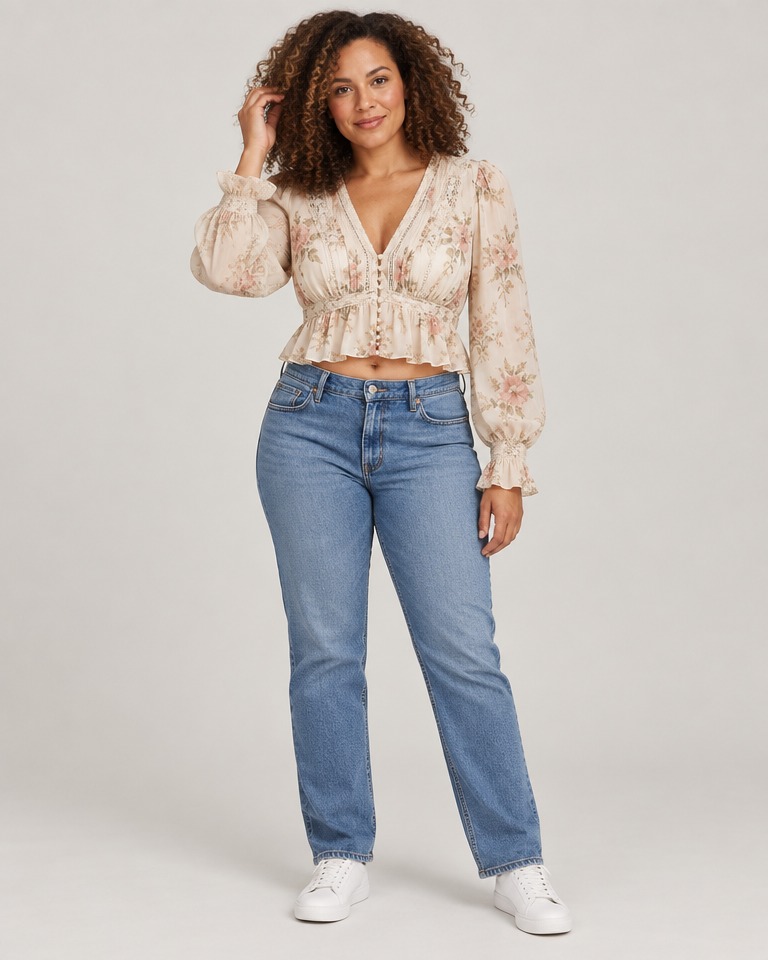 Cropped floral chiffon blouse · ecru