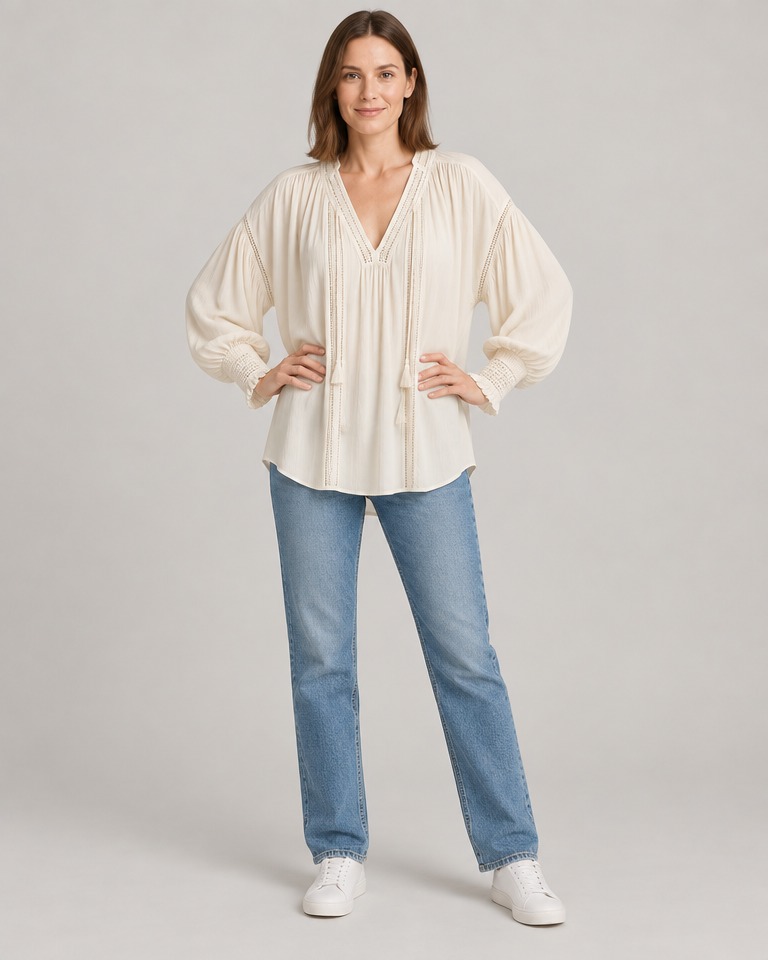 Oversized V-neck viscose blouse · ecru