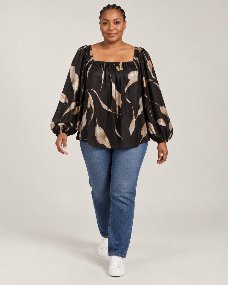 Bluza s balon rukavima i apstraktnim printom · Crna