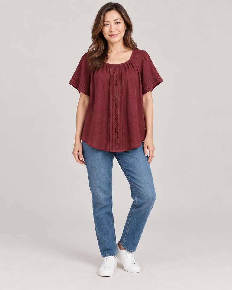 Regular scoop-neck linen blouse · burgundy