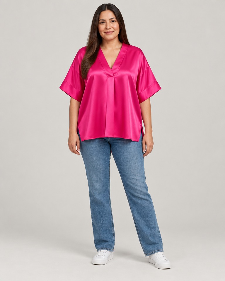 Oversize bluza od mješavine svile s V-izrezom · Fuksija