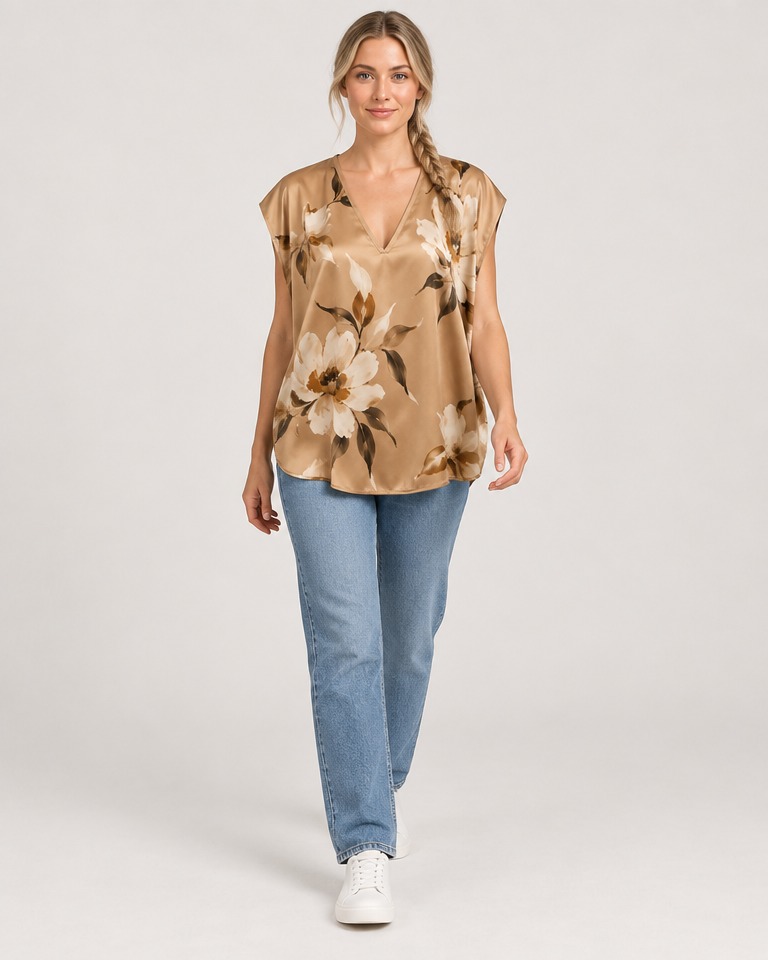 Oversize cvjetna bluza od satena · Camel