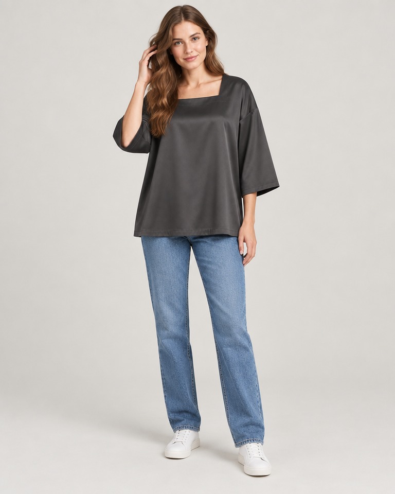 Oversized satin square-neck blouse · charcoal