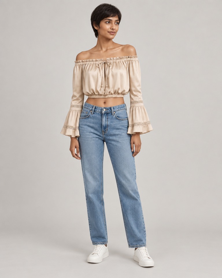 Cropped off-shoulder satin blouse · beige