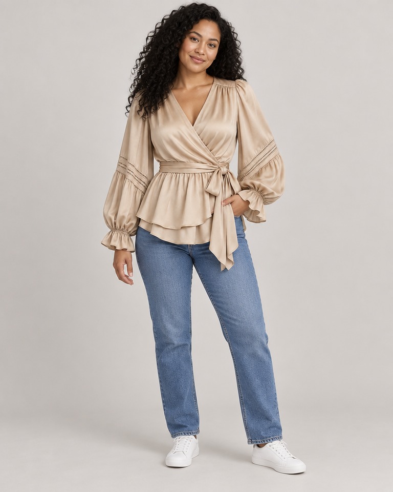 Relaxed satin blouse with puff sleeves · beige