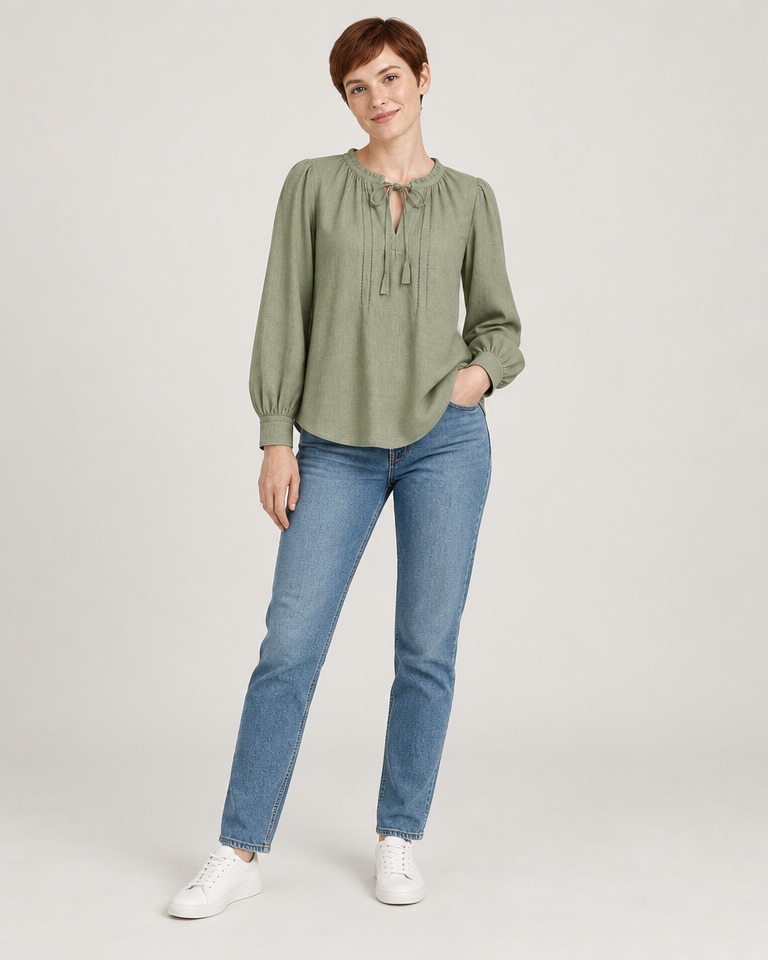 Linen tie-neck blouse · sage