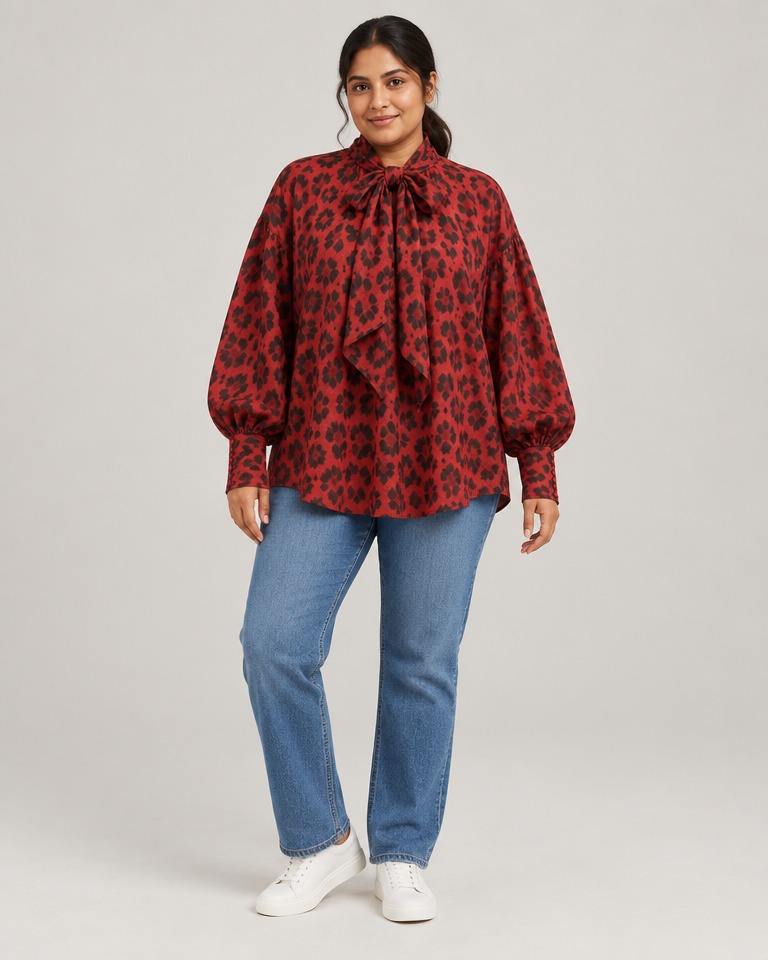 Oversize bluza od lana s ovratnikom s mašnom · Crvena