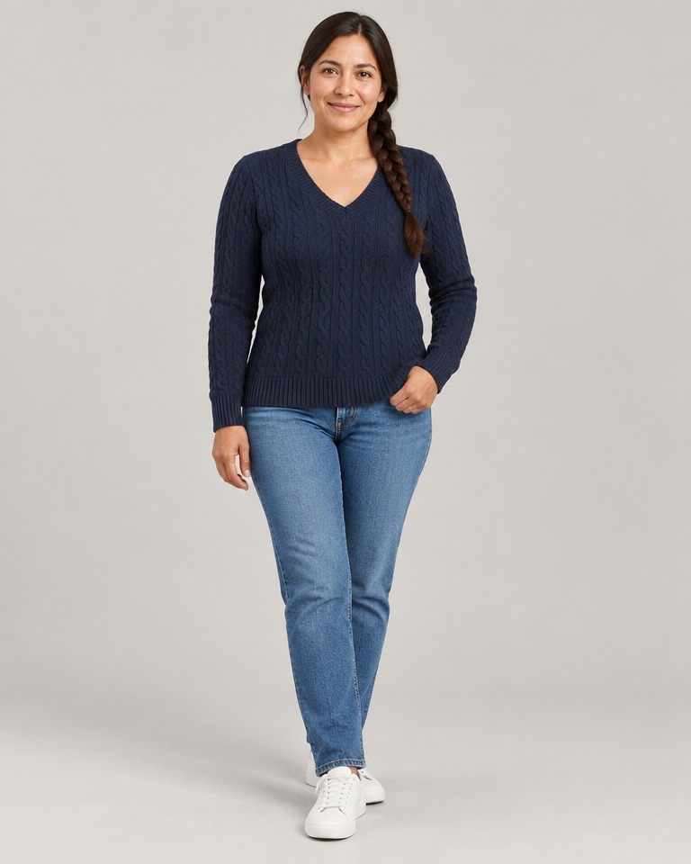 Cable-knit V-neck cashmere-blend jumper · navy