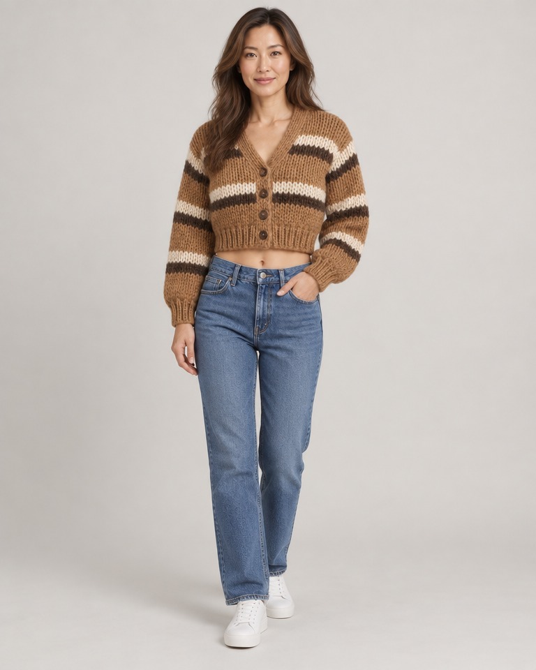 Cropped striped chunky mohair-blend cardigan · camel