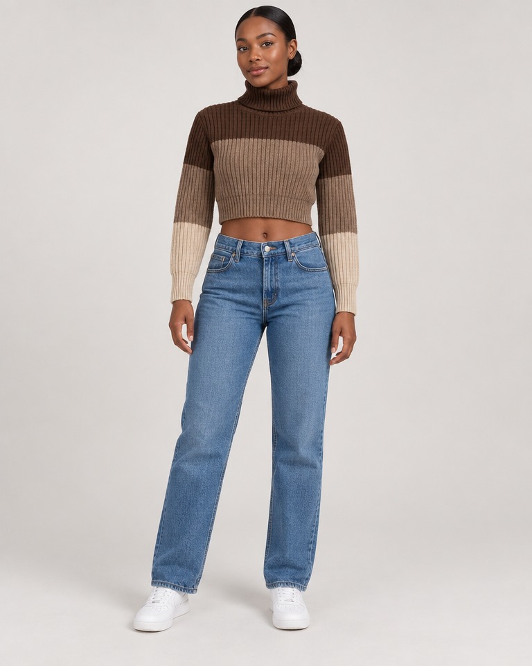 Cropped ribbed colour-block turtleneck · brown