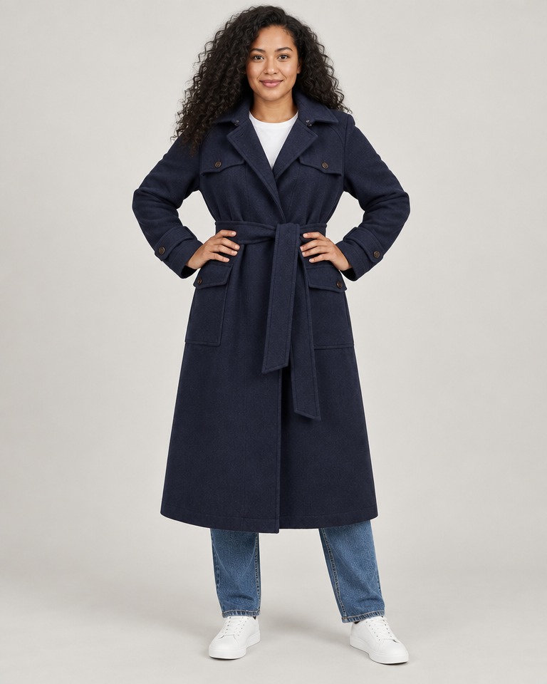 Long belted cashmere-blend coat · navy