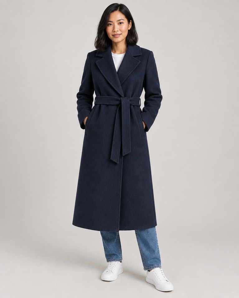 Long belted wool-blend coat · navy