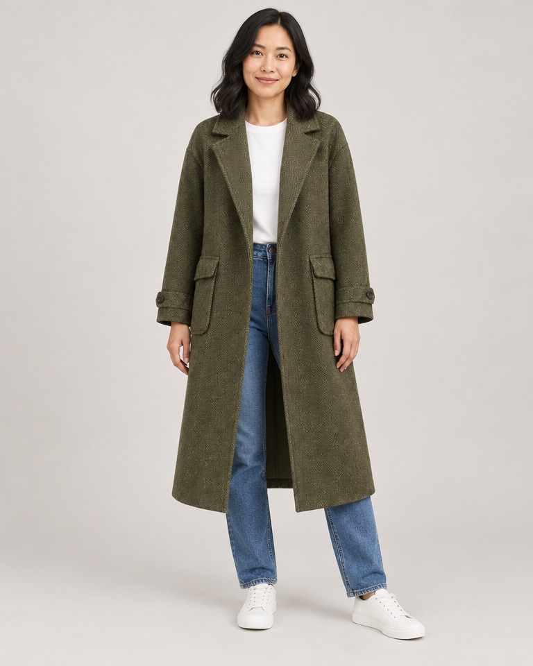Long herringbone coat with open front · olive