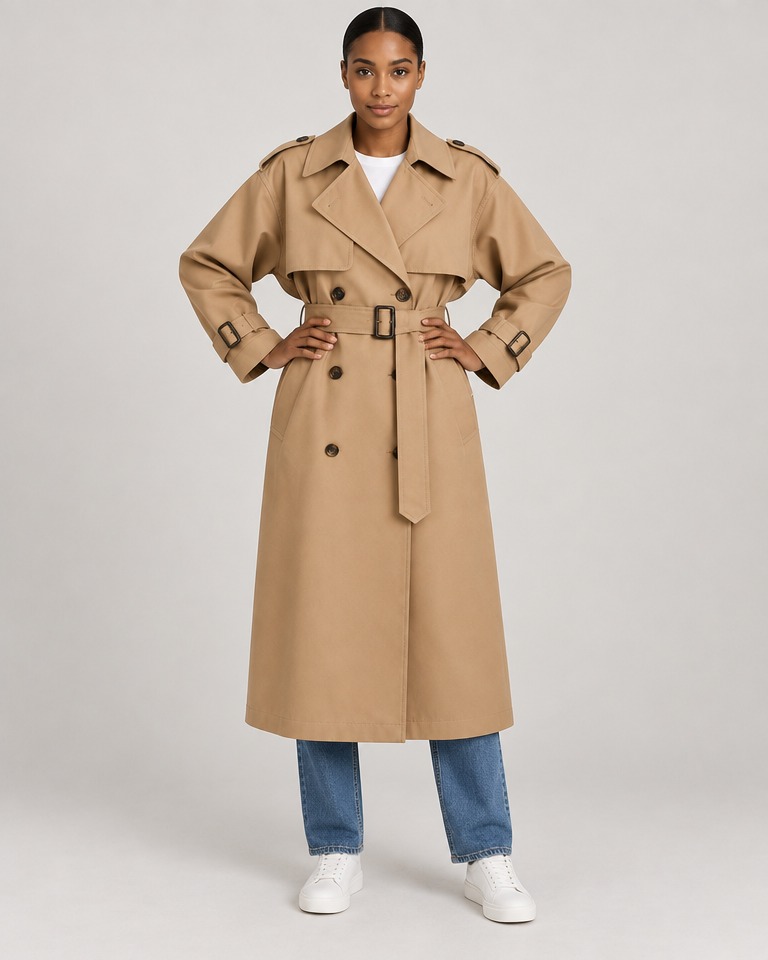 Oversize dugi trenč kaput s pojasom · Camel