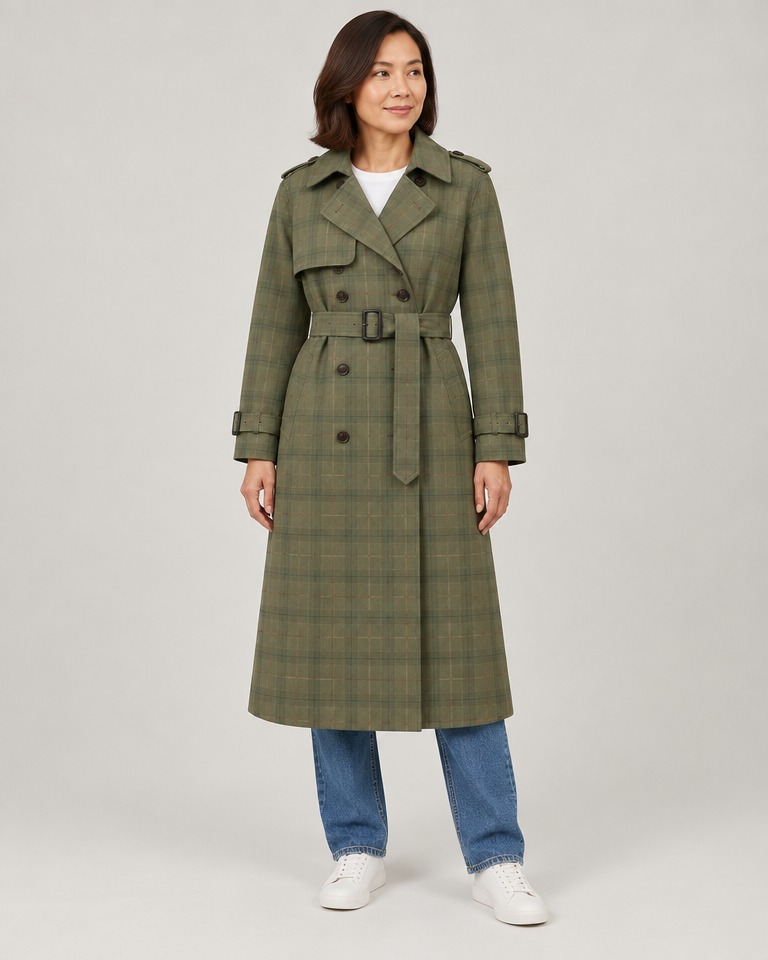 Belted checked gabardine trench coat · olive