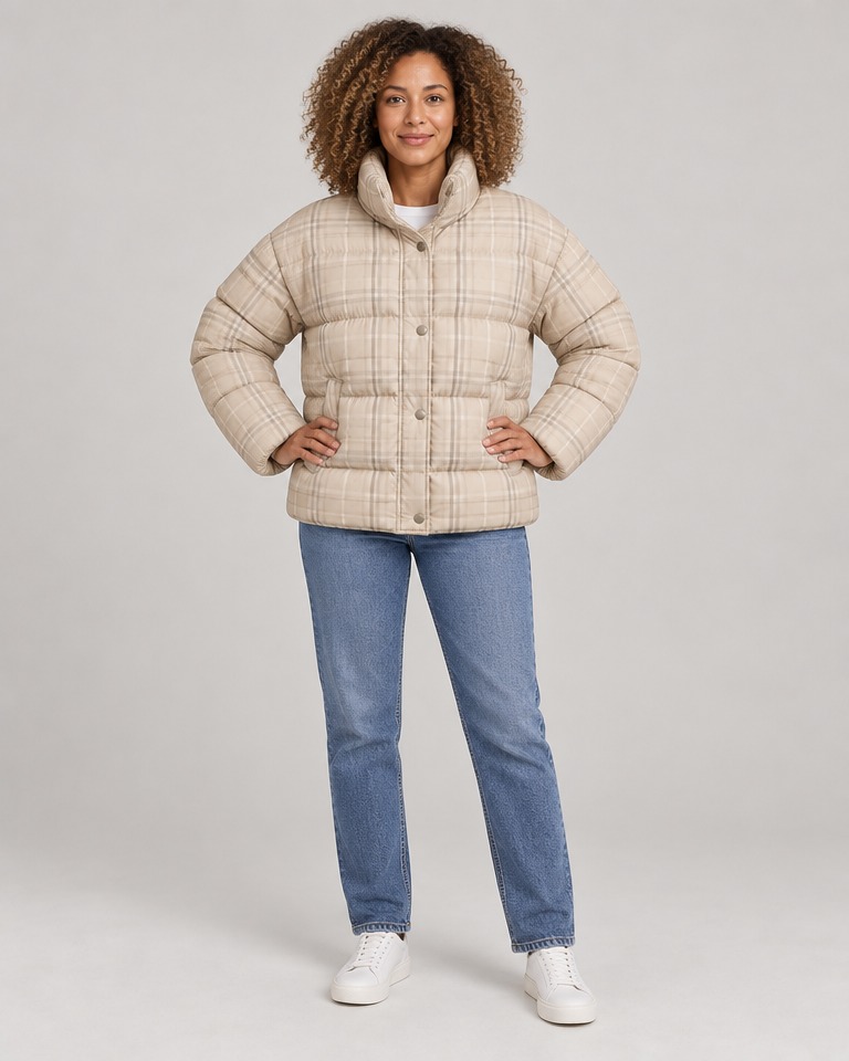 Oversize karirana puffer jakna s drukerima · Bež