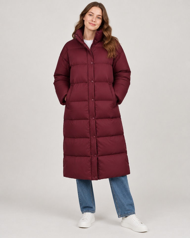 Duga puffer jakna s punjenjem i drukerima · Bordo
