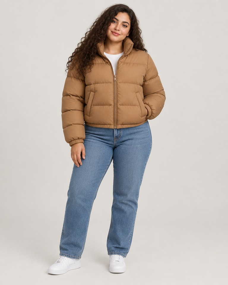 Cropped padded nylon puffer jacket · camel