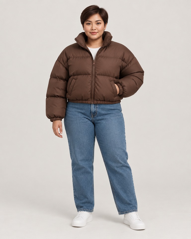 Oversized cropped nylon puffer · brown