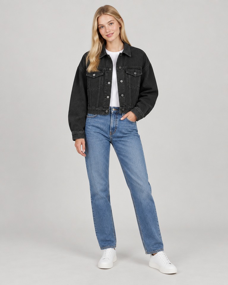 Oversized cropped denim jacket · black