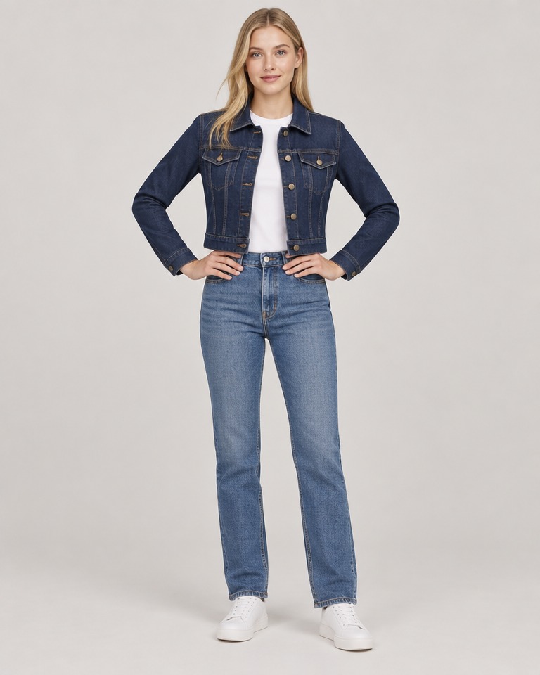 Cropped single-breasted denim jacket · navy