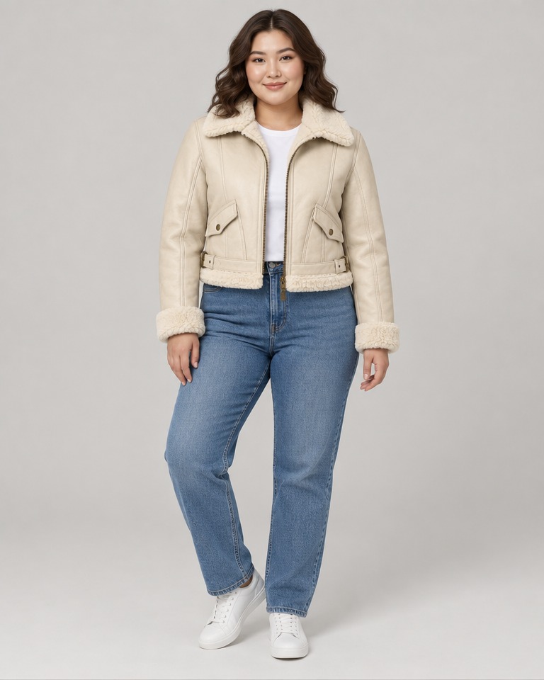 Cropped leather jacket with faux fur trim · ecru
