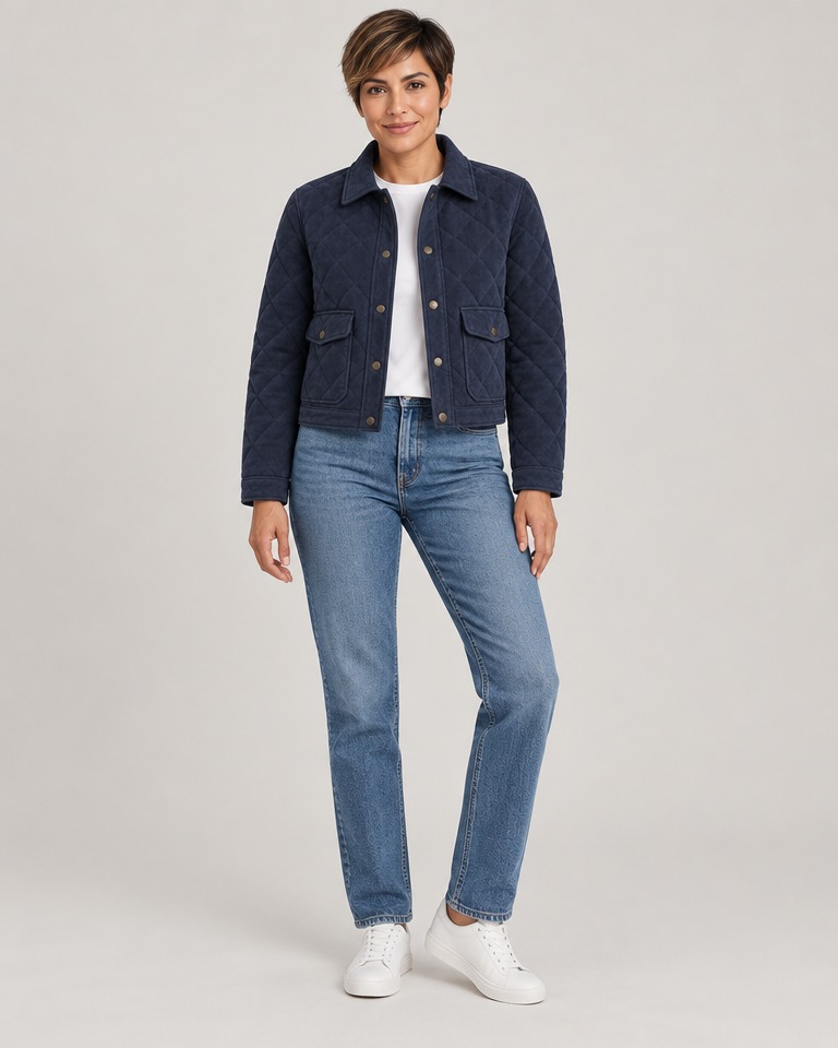 Cropped quilted suede jacket · navy