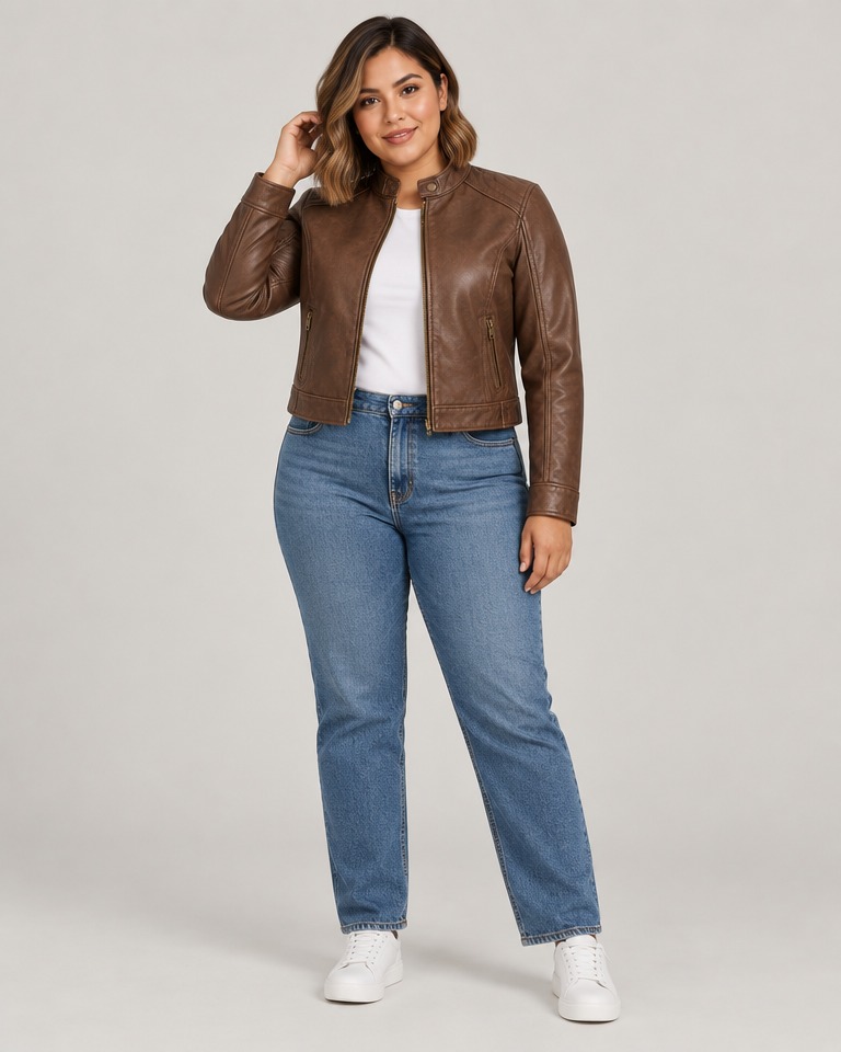 Cropped tailored faux leather jacket · brown