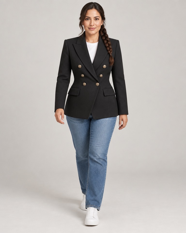 Slim double-breasted wool-blend blazer · black