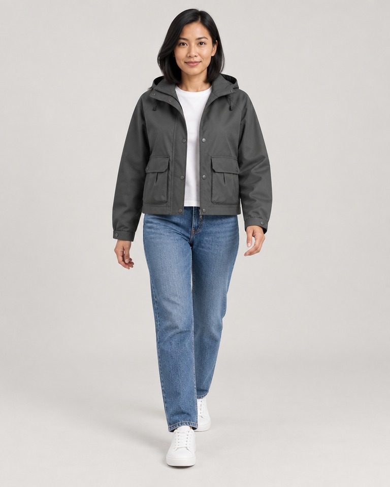 Relaxed snap-front raincoat, cropped · charcoal