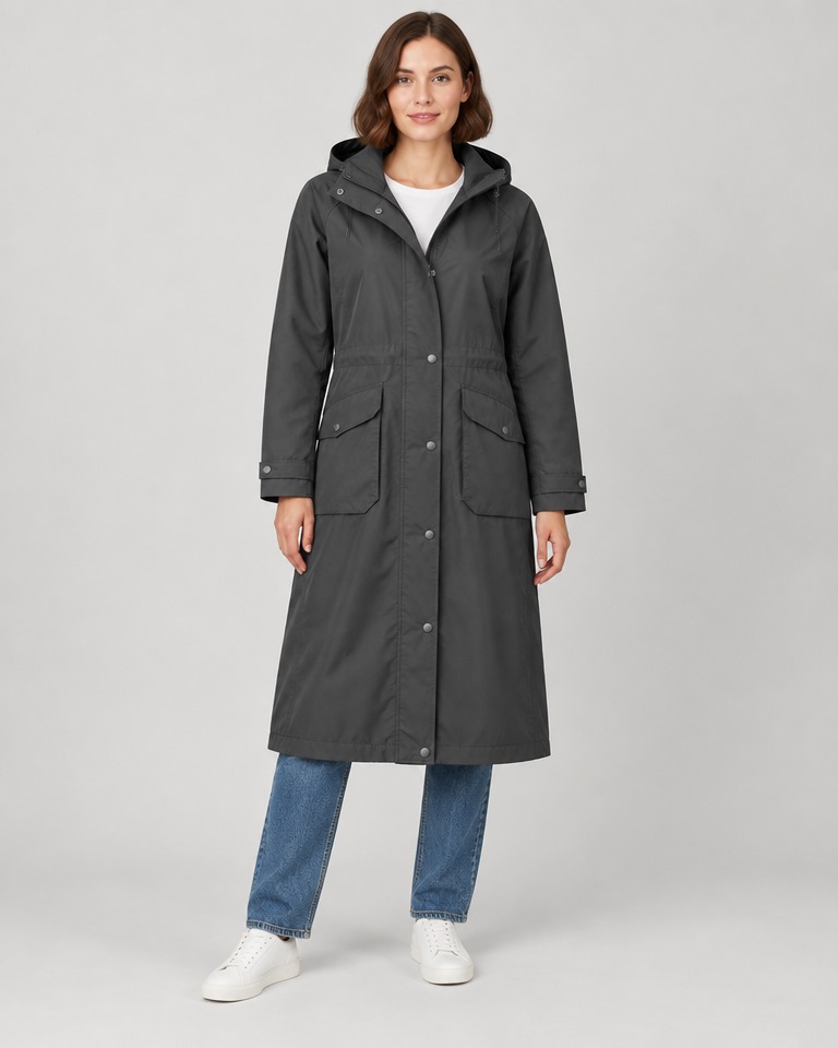 Long hooded nylon raincoat · charcoal