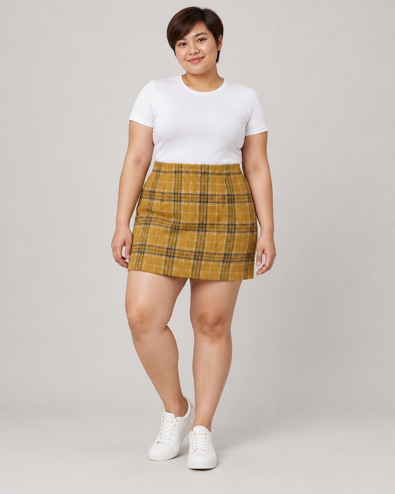 Checked pencil mini skirt in wool blend · mustard