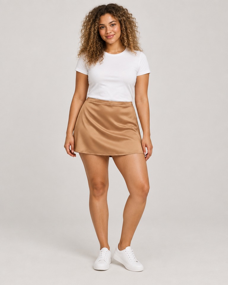 Satin slip mini skirt, short · camel