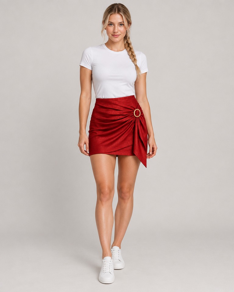 Lanena mini suknja pencil kroja · Crvena