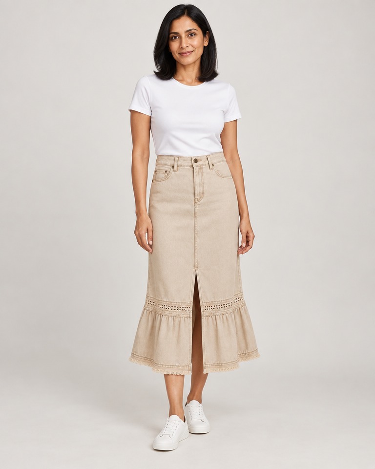 Denim pencil midi skirt · beige