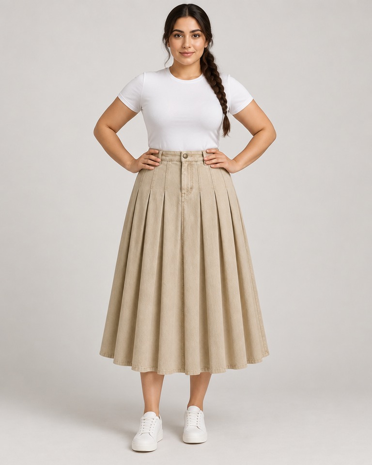 Pleated denim midi skirt · beige