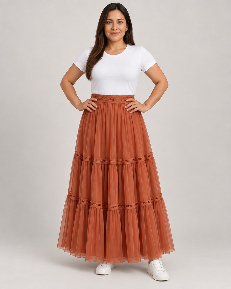Pleated tulle maxi skirt · terracotta