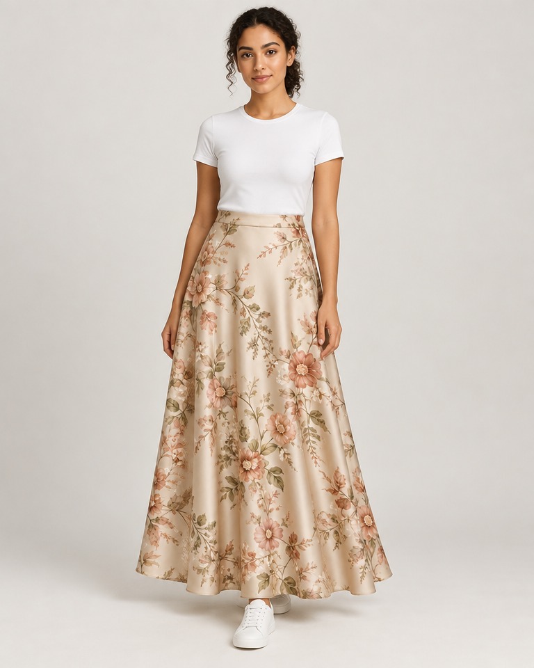 Floral satin A-line maxi skirt · beige