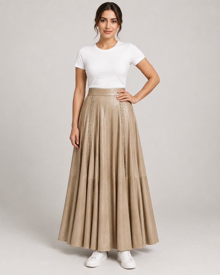 Pleated faux-leather maxi skirt · beige