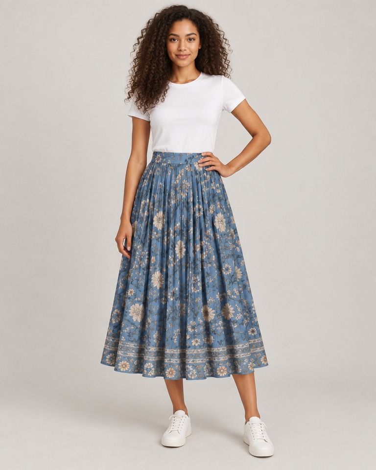 Floral pleated midi skirt · blue