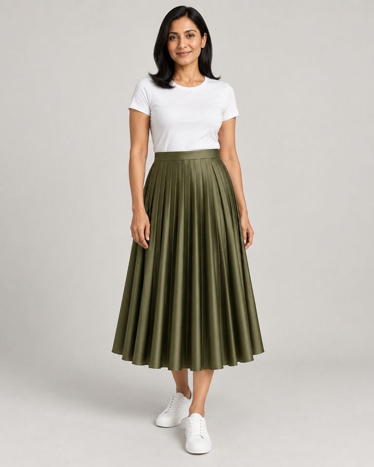 Satin pleated midi skirt · olive