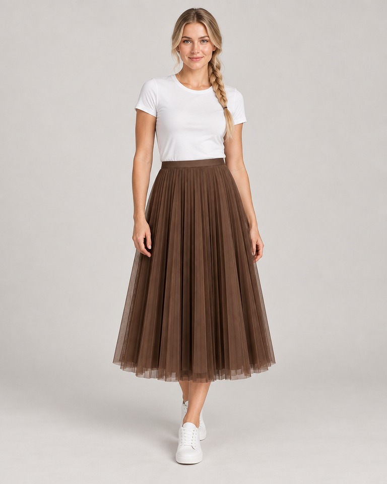 Pleated tulle midi skirt · brown