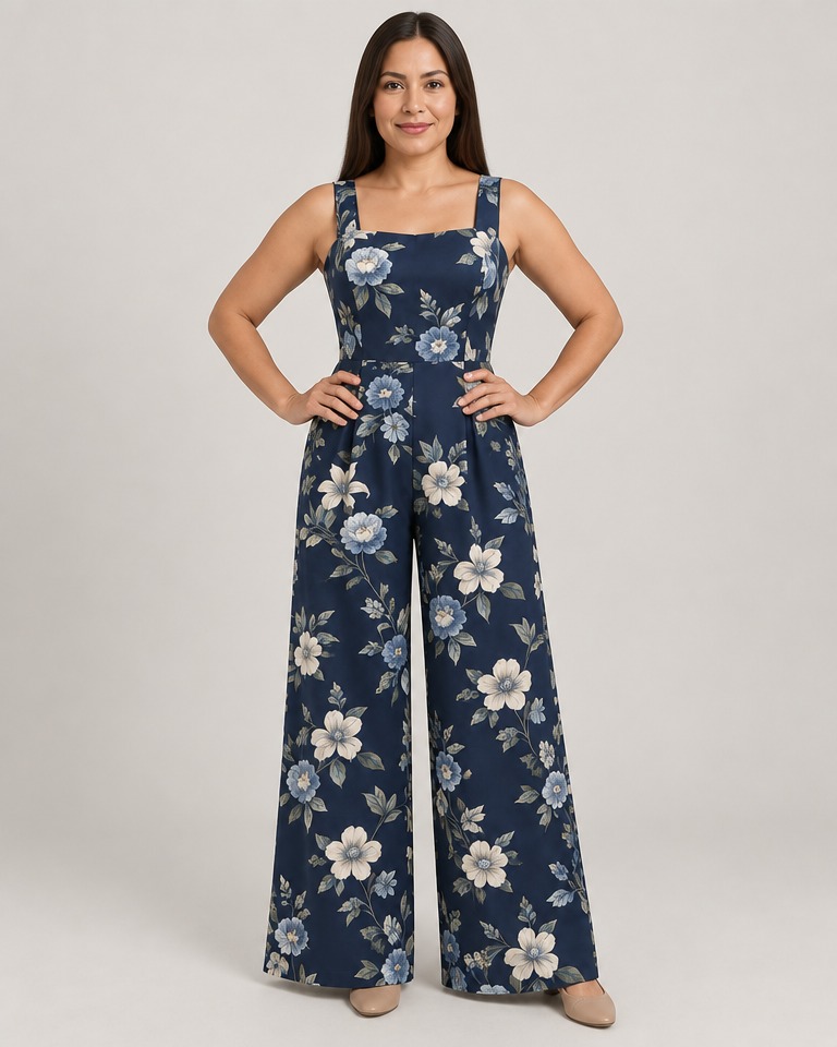 Floral viscose wide-leg jumpsuit · navy