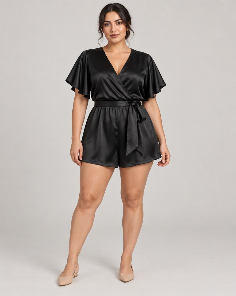 Satin playsuit with V-neck · black