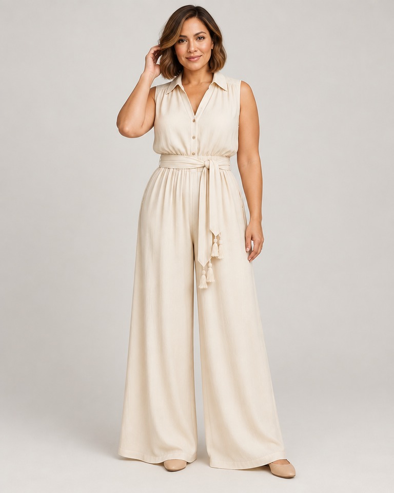 Sleeveless wide-leg jumpsuit with collar · ecru