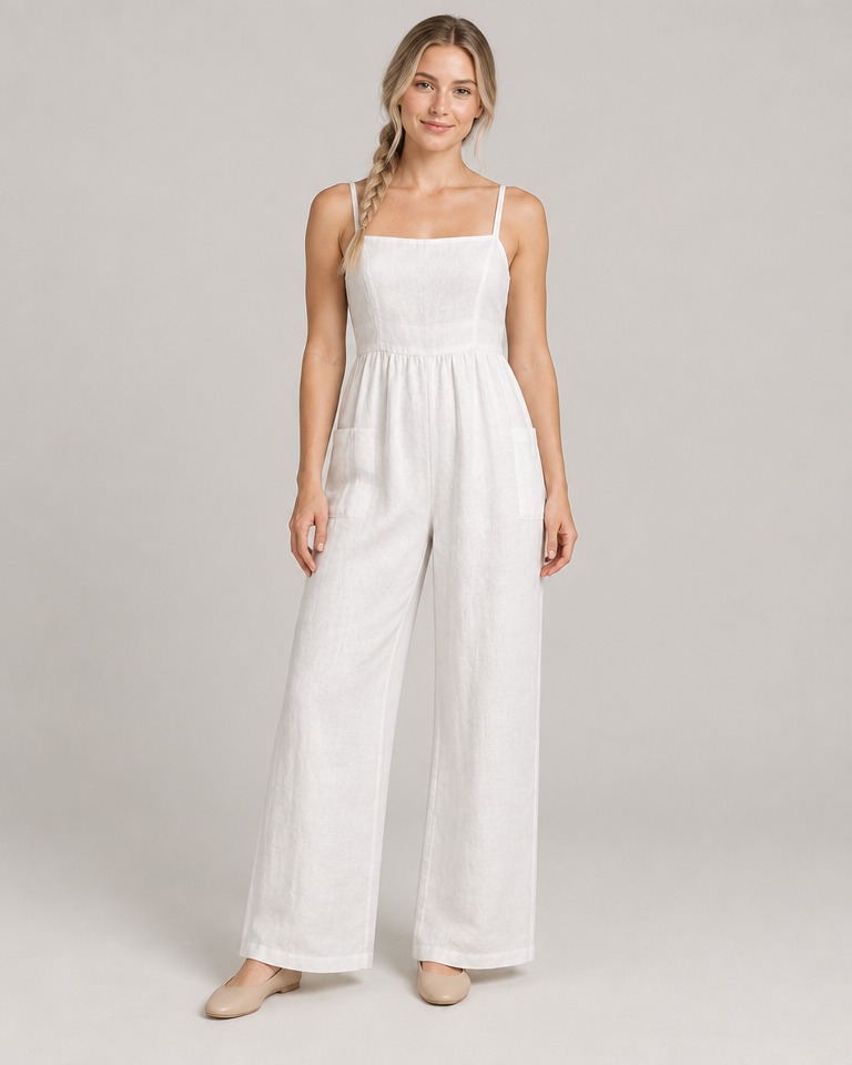 Strappy linen jumpsuit with square neck · white
