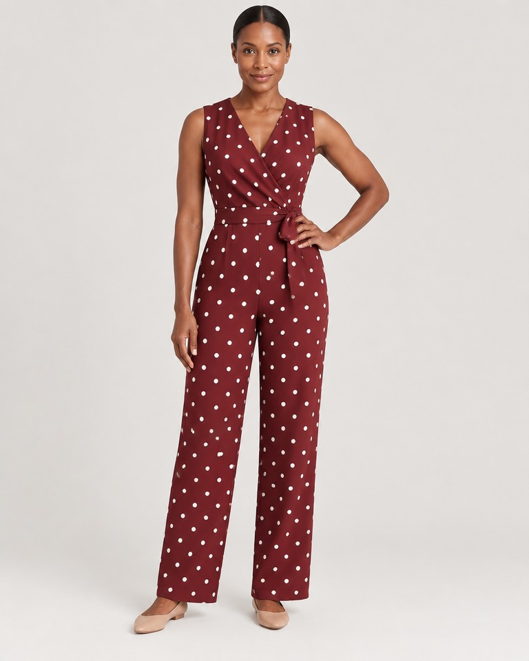 Polka dot crepe wrap jumpsuit · burgundy
