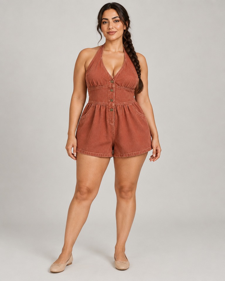 Denim halter playsuit · terracotta