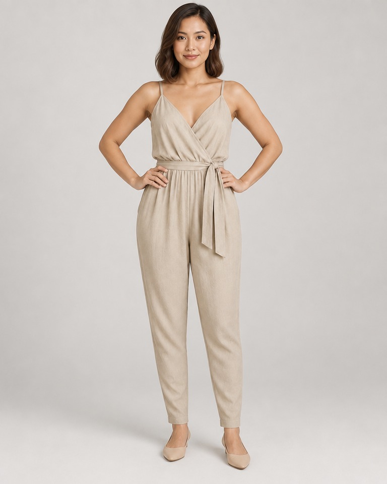 Strappy wrap jumpsuit with tapered legs · beige