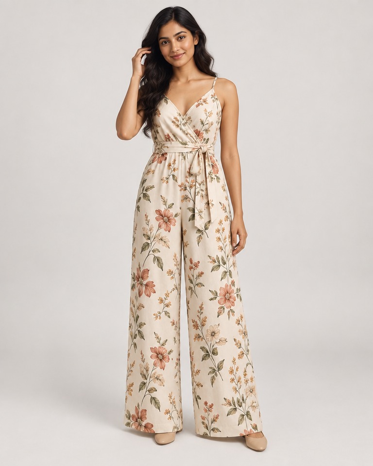 Floral wide-leg wrap jumpsuit · ecru